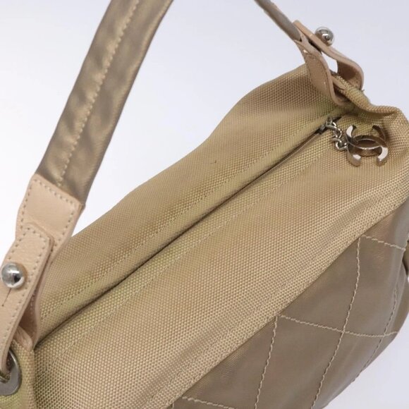 CHANEL Paris Biarritz Shoulder Bag Coated Canvas Beige Silver CC Auth BA4004 - Picture 6 of 15